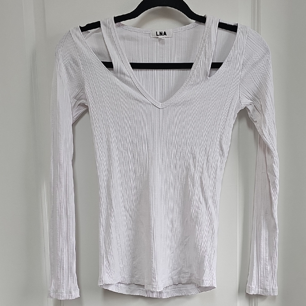 LNA White Ribbed Long Sleeve Bodysuit